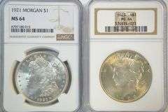 Near Gem BU 1921 Morgan & 1923 Peace Silver Dollar. NGC MS64