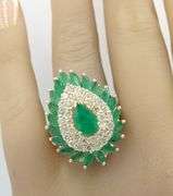 14kt Yellow gold pear shaped and marquise cut emerald and diamond pear shaped ring