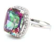 14kt White gold Cushion mystic topaz and diamond halo ring