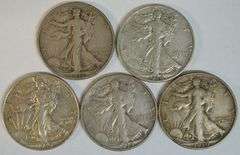 Great run of 5 Diff. Walking Liberty Halves: 1937-D to 1939-S