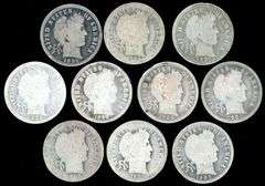 10 Different Barber Silver Dimes: 1892 to 1905-S