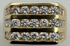 14K Yellow gold Men's Ring Three Row of 2.70ct