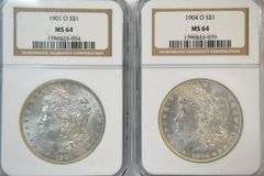 Frosty-white near Gem BU 1901-O & 1904-O Morgan Silver Dollars. NGC MS64