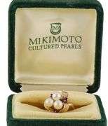 Vintage Mikimoto Pearl and 0.09ctw Ruby Bow Style Ring in 14K
