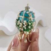 Hand Painted Enamel Pearl Flower Fabergé Egg Trinket Box – Unique Hinged Green Jewelry Organizer