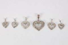 Sterling Silver Vintage Heart Pendant Assortment Various Sizes & Styles (6 Pendant Lot)