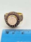 14KT Yellow Gold Cabochon Rose Quartz Center Stone Surrounded By Amethyst Halo Ring
