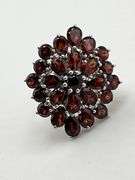 925 Sterling Silver Floral Spray Design Cluster Garnet Ring