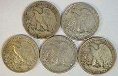 Great run of 5 Diff. Walking Liberty Halves: 1937-D to 1939-S