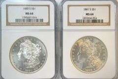 Bright-white near Gem BU 1880-S & 1881-S Morgans Silver Dollars. NGC MS64