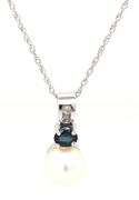 14kt White gold 7mm pearl, sapphire and diamond pendant on chain