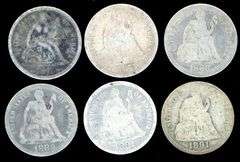 6 Different Liberty Seated Dimes: 1874 to 1891-O