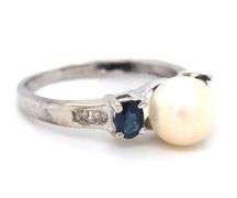 14kt White gold 7mm pearl, sapphire and diamond accent ring
