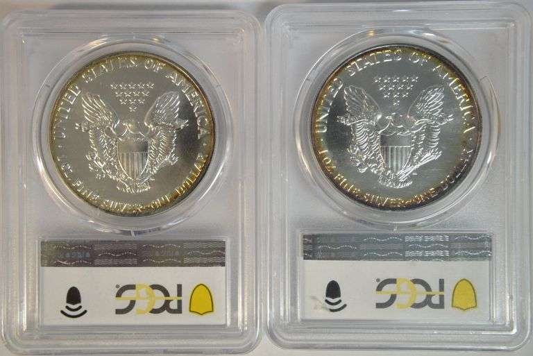 2 Original near perfect Gem BU 1988 $1 Silver Eagle coins. PCGS MS69