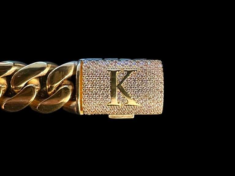 Sparkling 14 Kt Gold Plate 65.8 Gram Monogramed Initial "K" Curb Link Bracelet