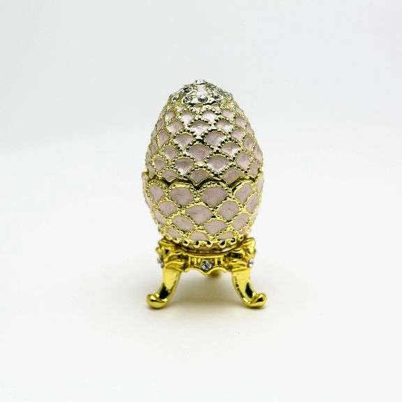 Hand-Painted Golden Pink Enamel Egg Trinket Box with Crystal Accents