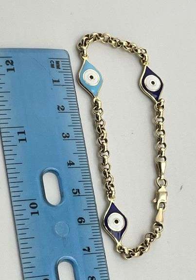 14KT Yello Gold Two Differtent Anemel Color Evil Eye With Rolo link Chain