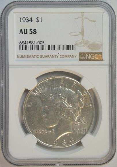 Lustrous Near Mint 1934 Peace Silver Dollar. NGC AU58