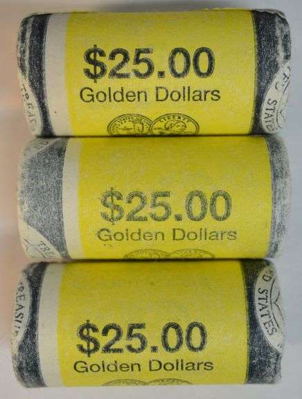 3 Gem original BU rolls of 25 Sacagawea Golden Dollars dated 2000