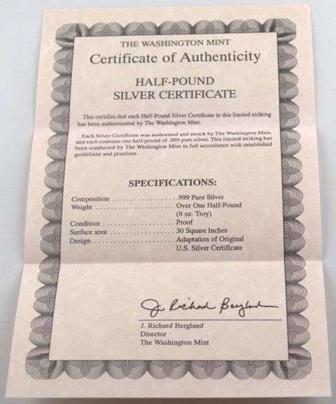 Washington Mint $500 Silver Certificate Bar Half Pound .999 Fine Silver w/ COA