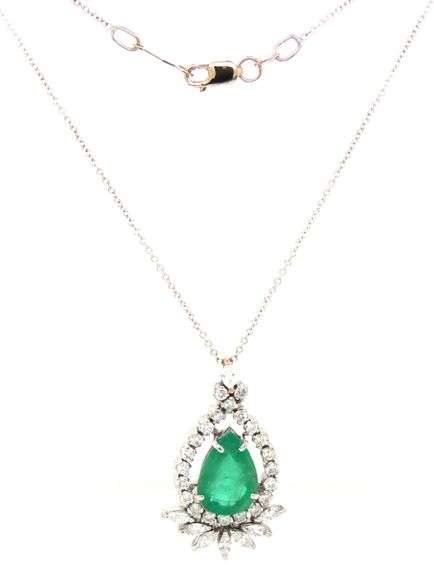 14kt White gold 3.21ct Pear shaped emerald and 1.30ctw marquise and round diamond halo teardrop pend