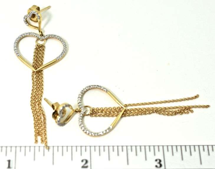 Fun 14K Yellow Gold Double Heart Diamond Dangle Earrings