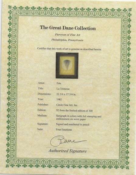 Erte "La Tristesse" Signed Limited Edition Serigraph from "Four Emotions" Suite Framed