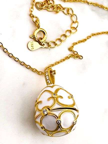 Designer White Egg Pendant & Bracelet Set – 18K Gold Vermeil Over Sterling Silver