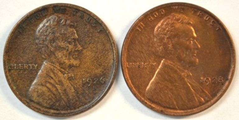 Two different US Lincoln Wheat Cents in CH AU: 1926-S & 1928-S