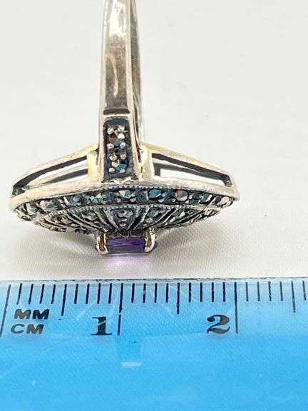 925 Sterling Silver Vintage Art Deco Marcasite Amythyst Ring