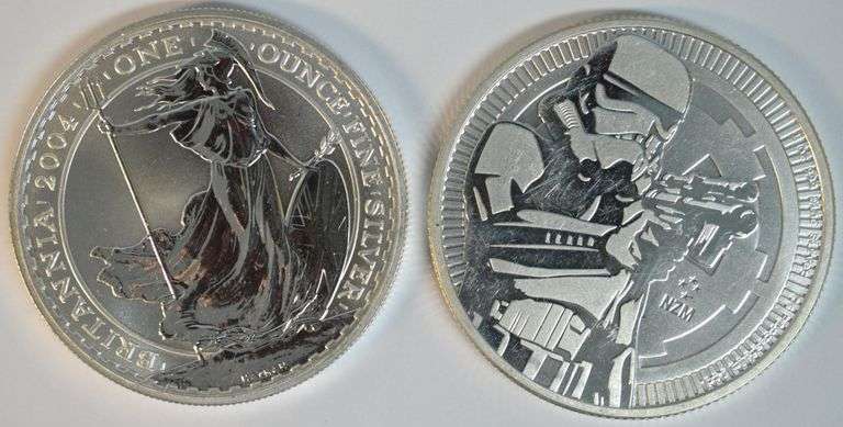 2 Different Prooflike 1 Troy Oz pure .999 Silver Coins: British & Niue