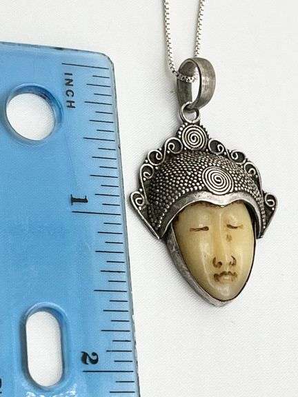 Italian 925 Sterling Silver Vintage Antique Carved Face Ivory Pendant