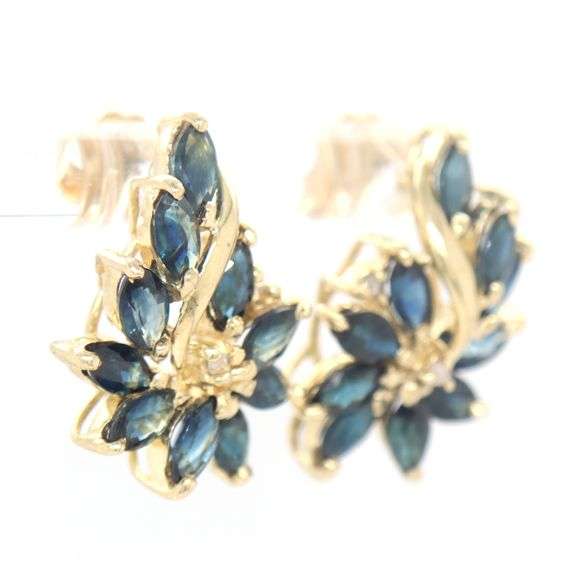 14kt Yellow gold marquise blue sapphire and diamond accent flower leaf stud earrings