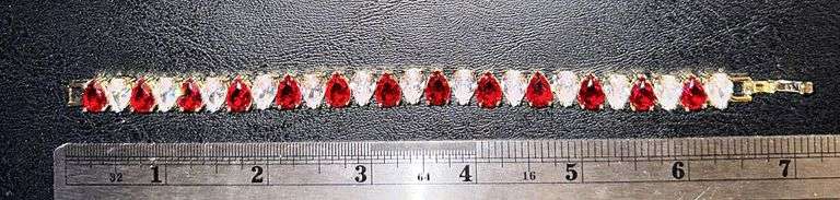 18 Kt Yellow Gold Plated Huge 32.5 Ctw Simulated Ruby Tennis Bracelet