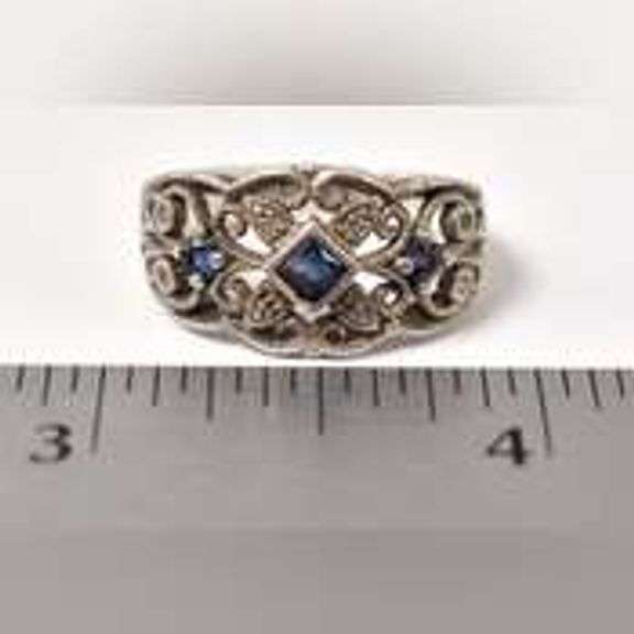 Blue Sapphire and Diamond Ring in Sterling Silver .