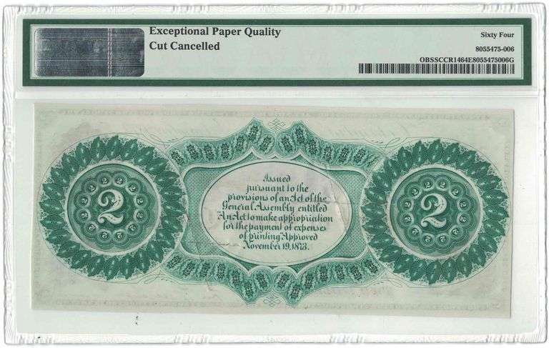 1873 $2 State of Carolina – SCCR14 – S/N 1819 – PMG Choice Uncirculated 64 – Rare Note