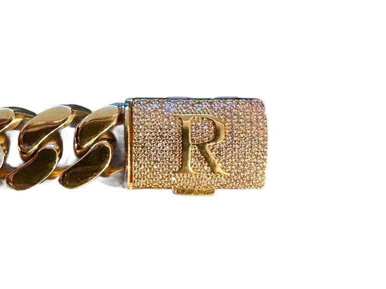 Sparkling 14 Kt Gold Plate 65.5 Gram Monogramed Initial "R" Curb Link Bracelet