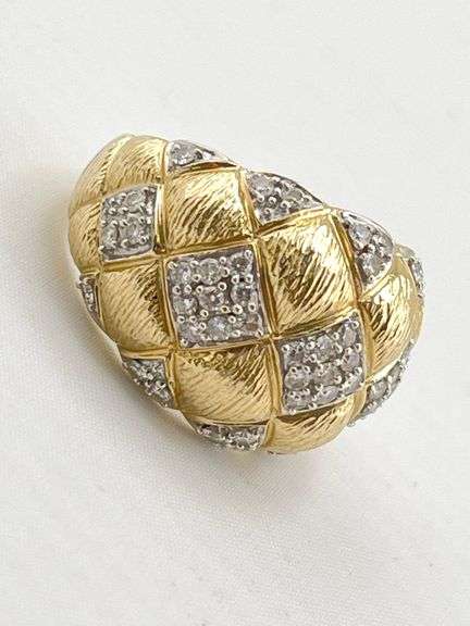 14KT Yellow Gold Quilted Dome Diamond Pave Ring