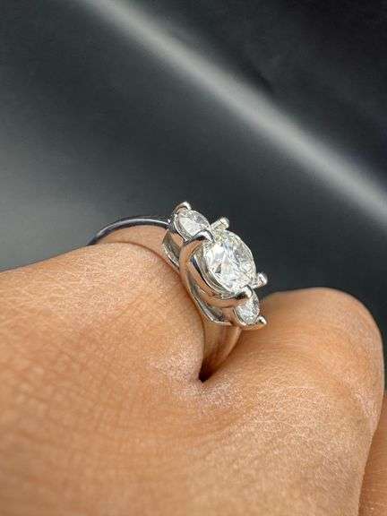 14K White Gold Three Stone Round Brilliant Cut Diamond Ring