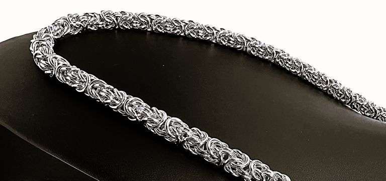 Huge 125.4 Gram 18 Kt. White Gold Plated Byzantine Chain Necklace