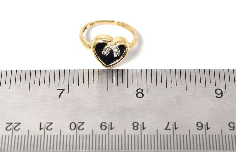 Delightful 10K Yellow Gold Black Onyx Heart Ring with Diamond Accents