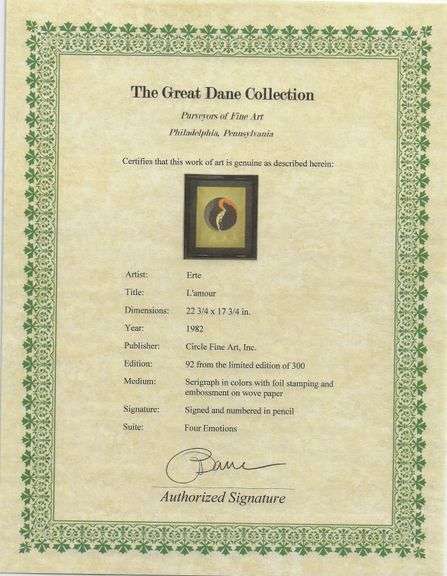 Erte  "L'amour" Signed Limited Edition Serigraph from "Four Emotions" Suite Framed