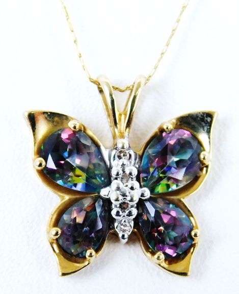 Vintage 10K Mystic Topaz & Diamonds Butterfly Necklace