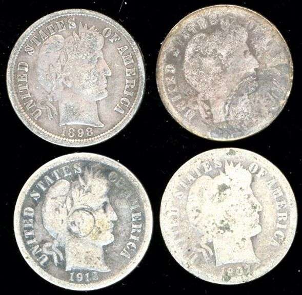 4 Different Silver Barber Dimes: 1898 to 1916