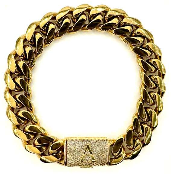 Sparkling 14 Kt Gold Plate 67.5 Gram Monogramed Initial "A" Curb Link Bracelet