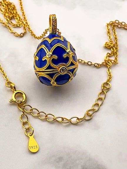 Elegant Egg Pendant Necklace & Bracelet Set – Sapphire Accent, 18K Gold Vermeil, “Something Blue” We