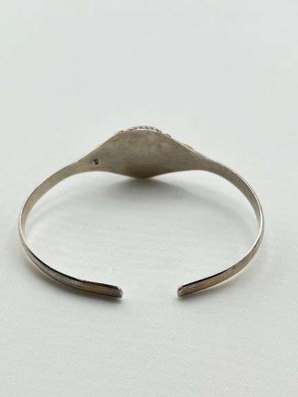 925 Sterling Silver Ornate Vintage  Filigree design Green Smithsonite Cuff Bracelet