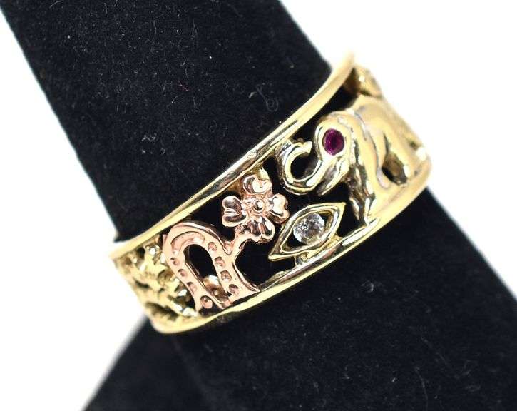 Lucky 14K Yellow Gold Ring with Ruby Gemstone and Diamond Accents