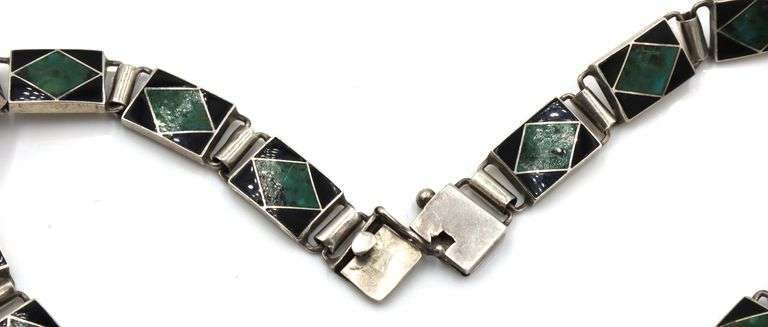 Vintage 925 Sterling Silver Art Deco Inlaid Malachite And Onyx Necklace