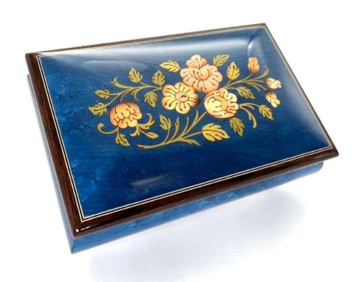 Music Box with Floral Inlay Design; Dark Blue